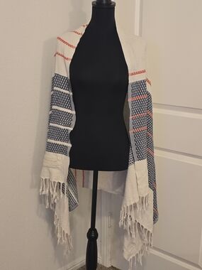 Woven Fringe Wrap Shawl in Ivory, Navy & Coral